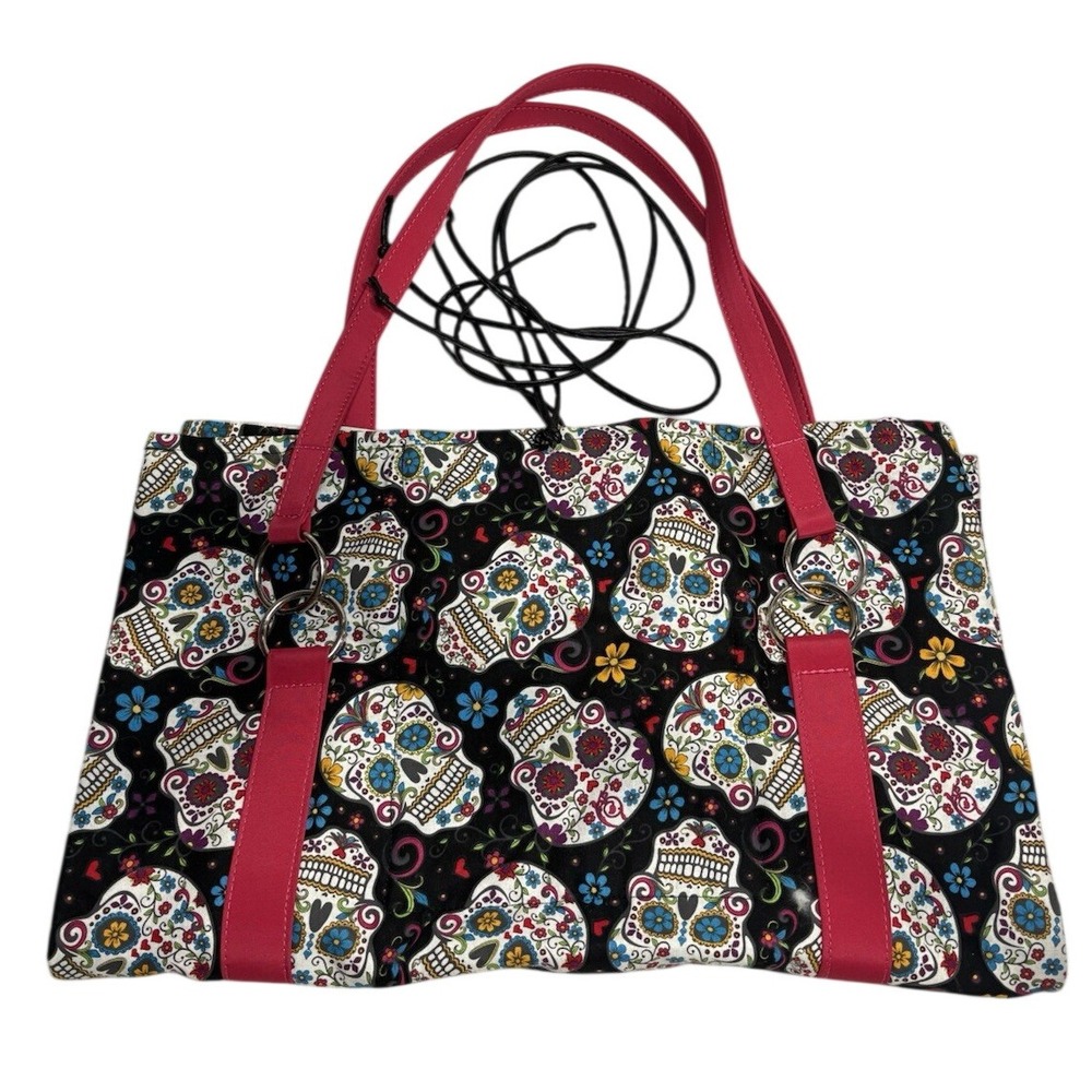 Sugar Skull Bible Tote Bag – Large Fabric Church Carry‎ Bag with Pink Handles